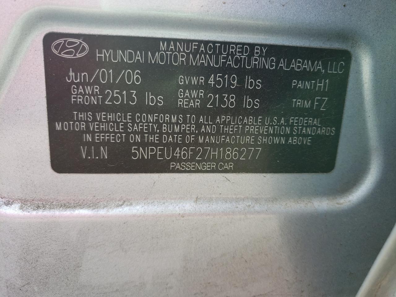 Photo 10 from auction – 2007 HYUNDAI SONATA with VIN 5NPEU46F27H186277