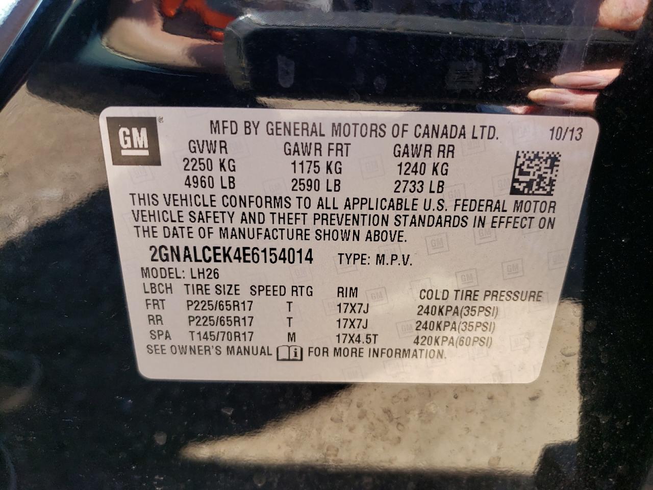 Photo 10 from auction – 2014 CHEVROLET EQUINOX LT with VIN 2GNALCEK4E6154014