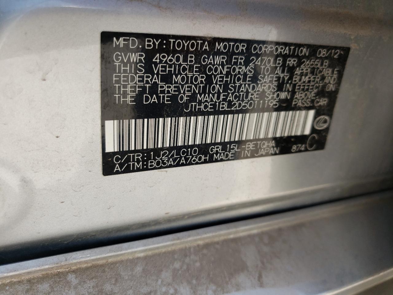 Photo 11 from auction – 2013 LEXUS GS 350 with VIN JTHCE1BL2D5011195