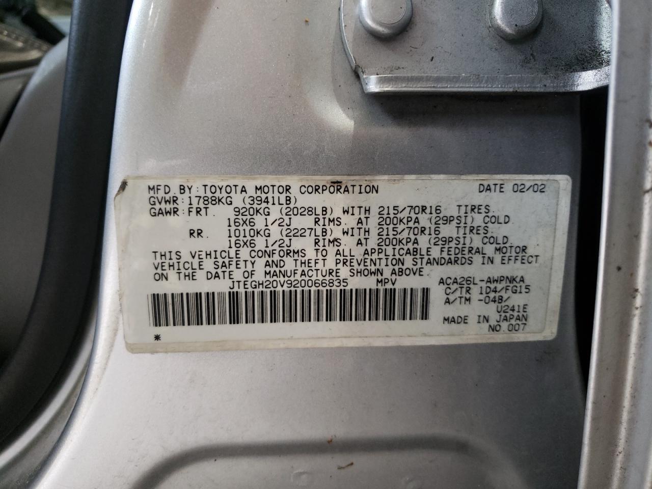 Photo 10 from auction – 2002 TOYOTA RAV4 with VIN JTEGH20V920066835