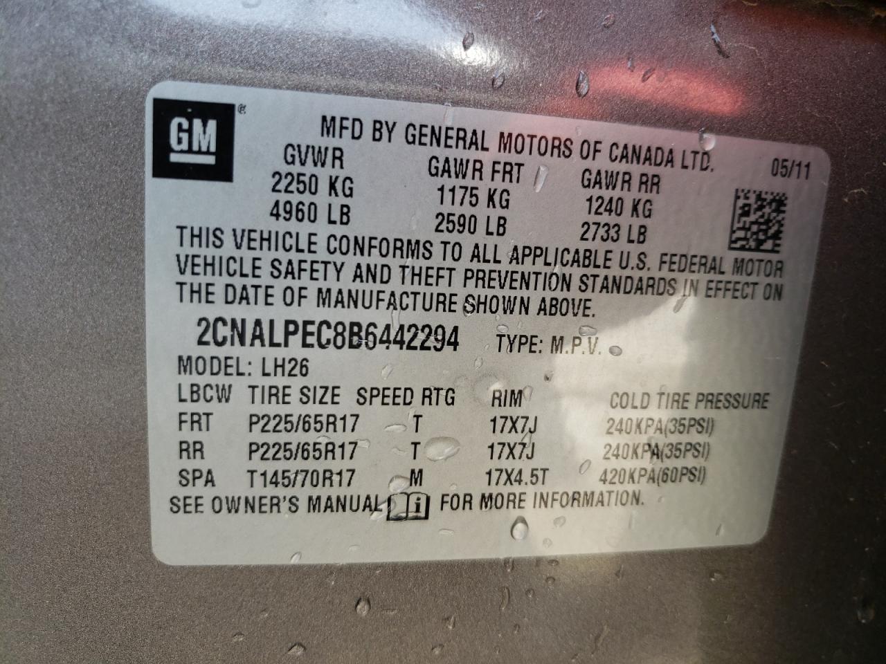 Photo 10 from auction – 2011 CHEVROLET EQUINOX LT with VIN 2CNALPEC8B6442294