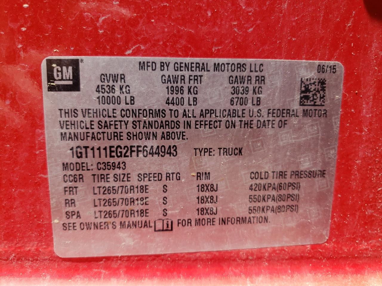 Photo 10 from auction – 2015 GMC SIERRA C35 with VIN 1GT111EG2FF644943