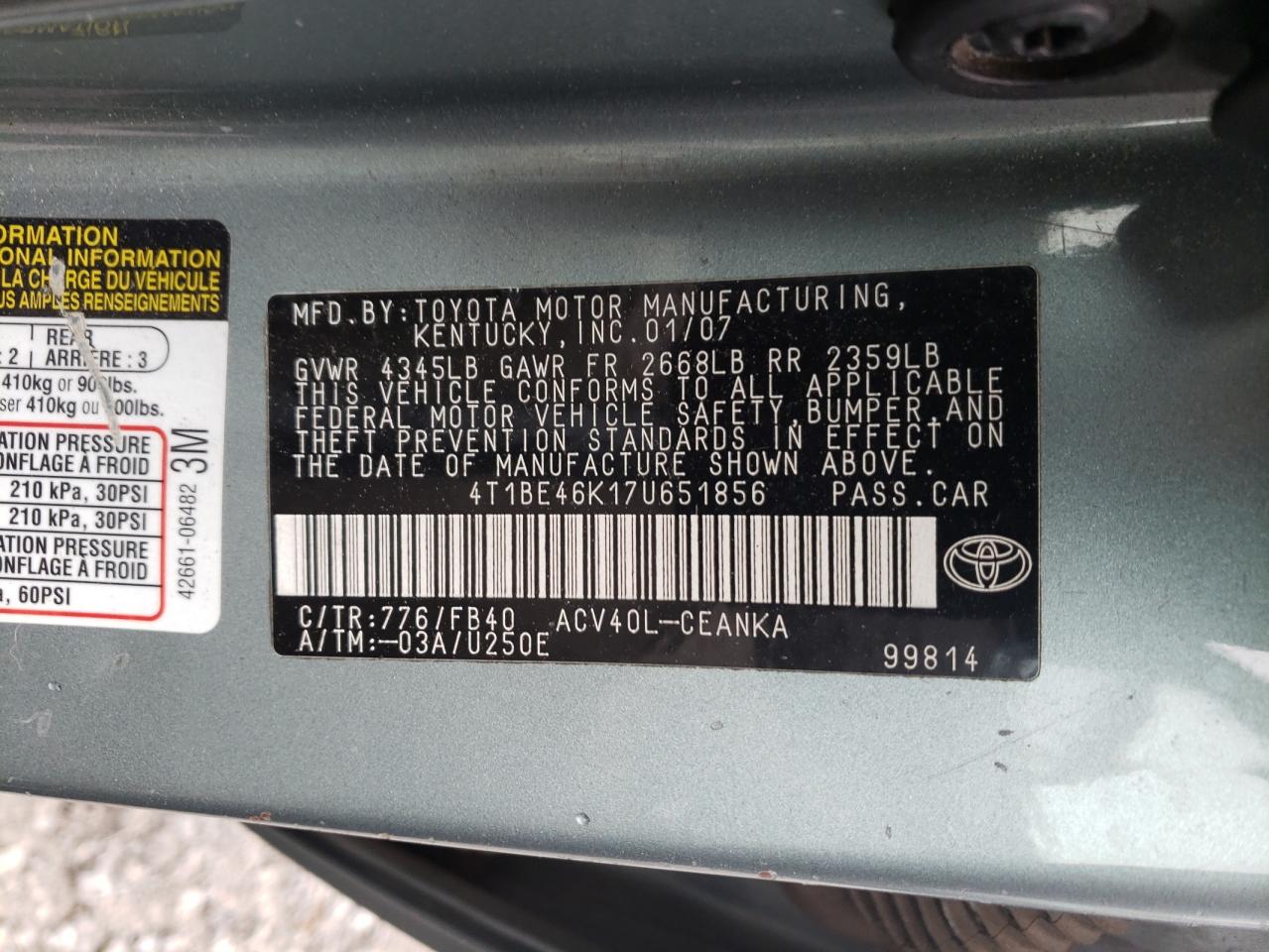 Photo 10 from auction – 2007 TOYOTA CAMRY CE with VIN 4T1BE46K17U651856