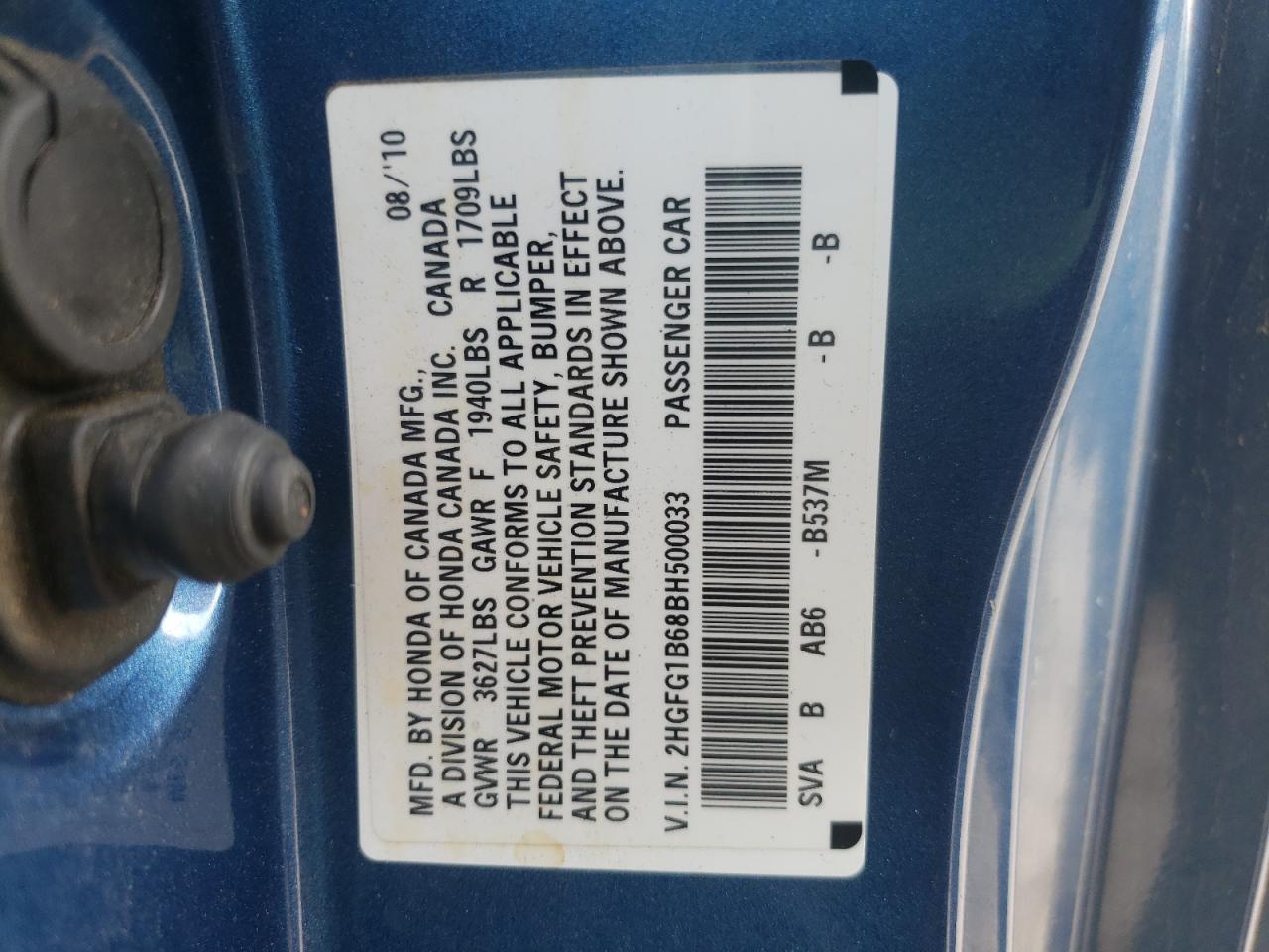 Photo 10 from auction – 2011 HONDA CIVIC LX with VIN 2HGFG1B68BH500033