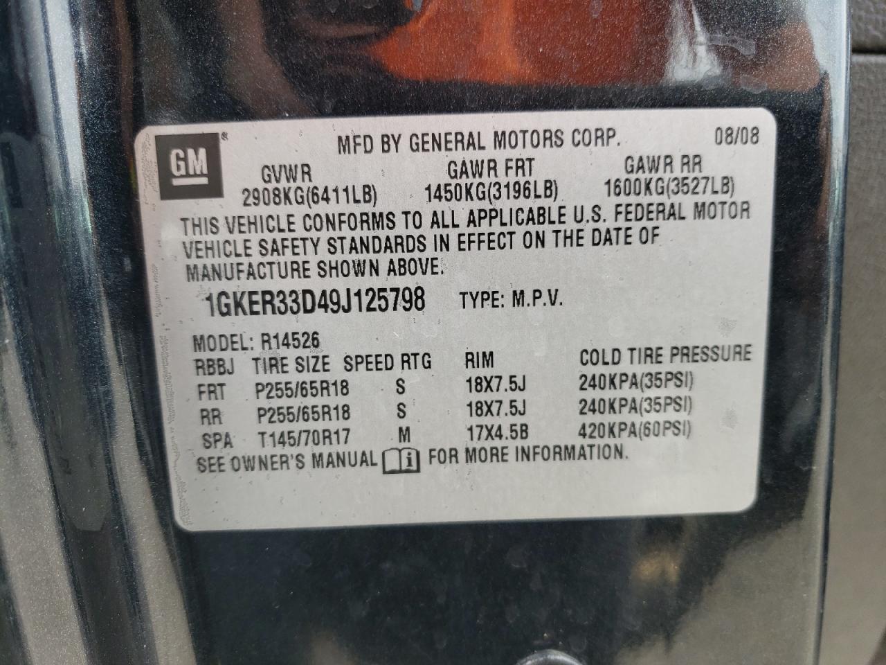 Photo 10 from auction – 2009 GMC ACADIA SLT with VIN 1GKER33D49J125798