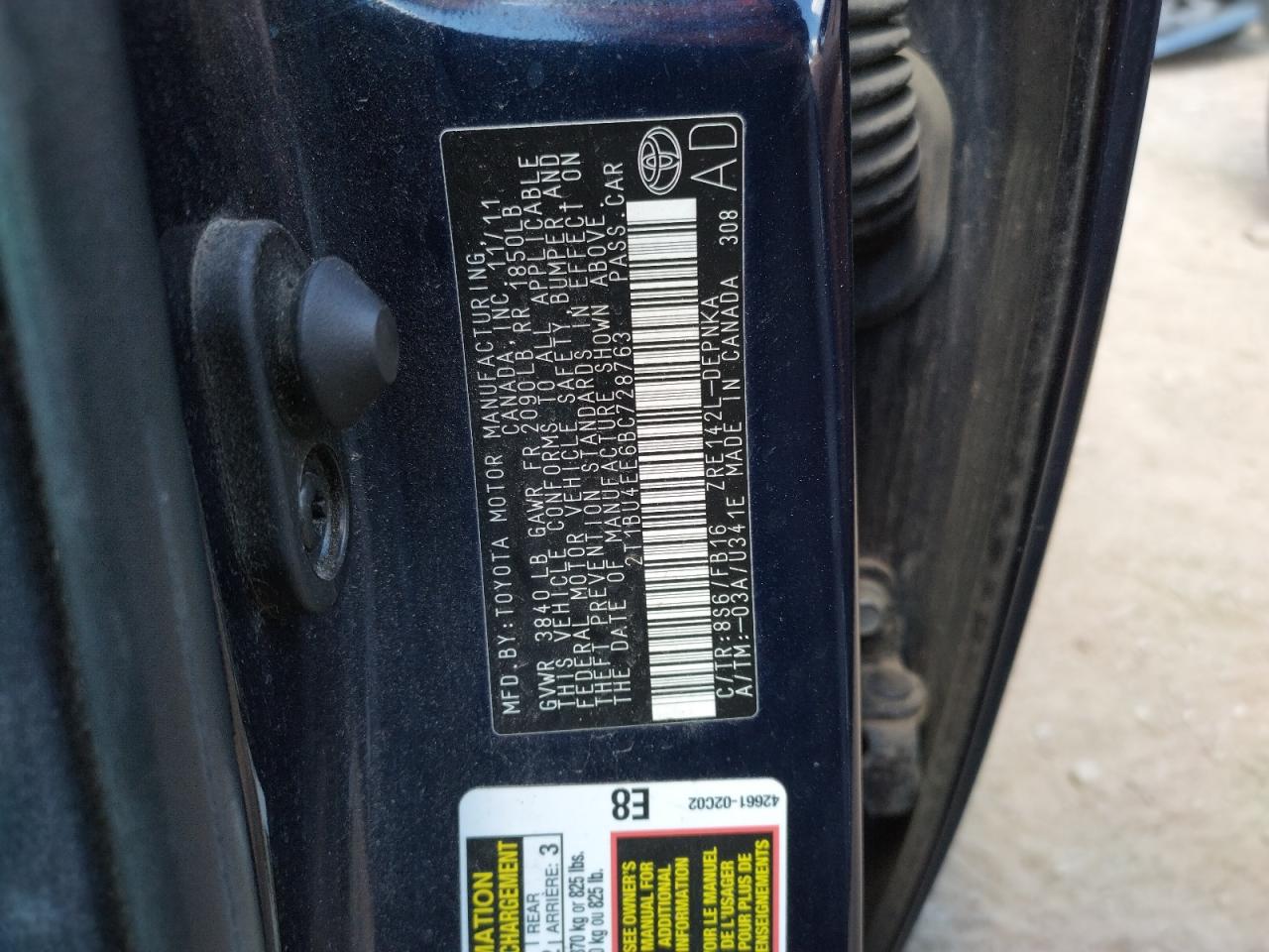 Photo 10 from auction – 2011 TOYOTA COROLLA BA with VIN 2T1BU4EE6BC728763