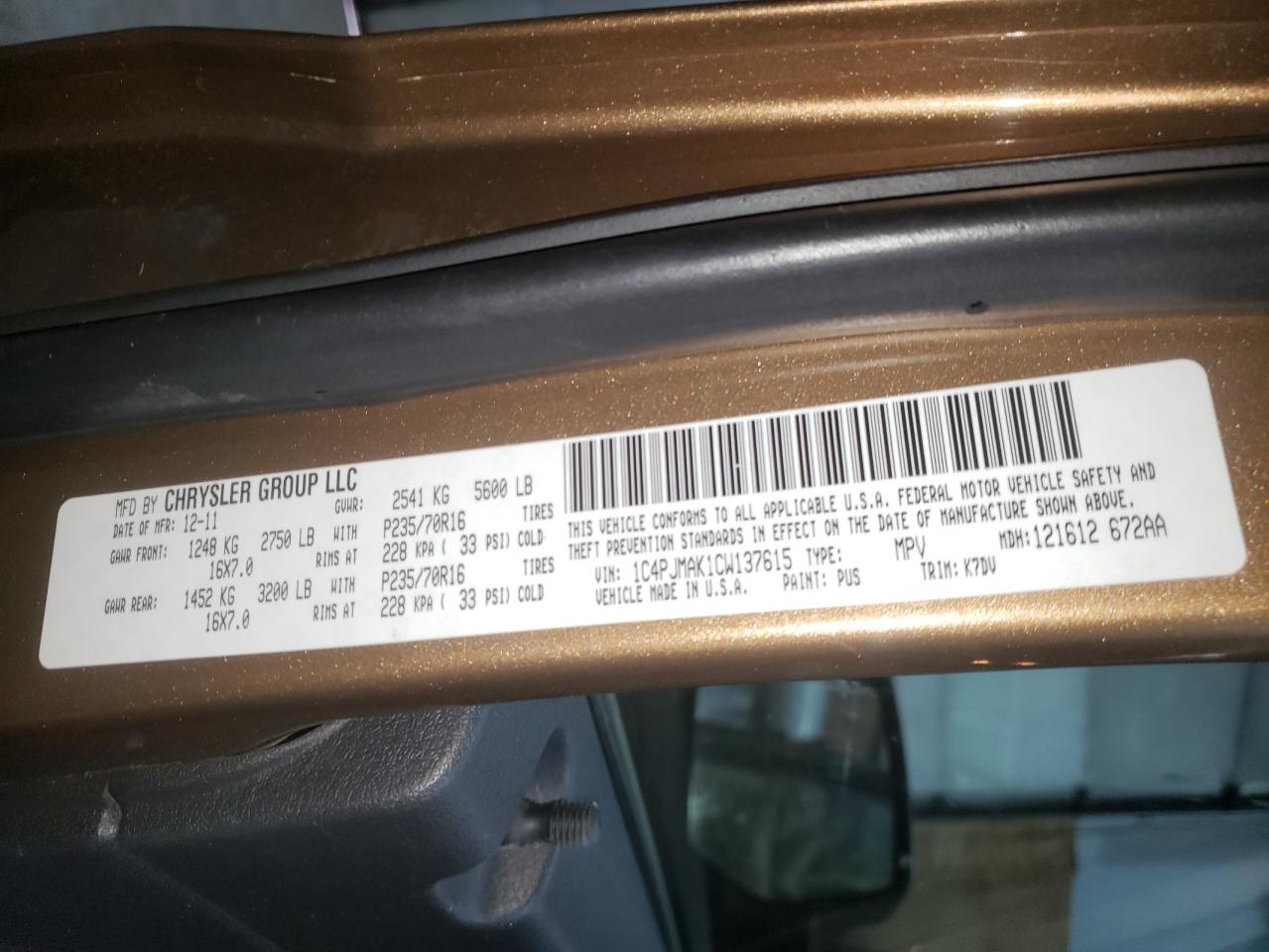 Photo 10 from auction – 2012 JEEP LIBERTY SP with VIN 1C4PJMAK1CW137615