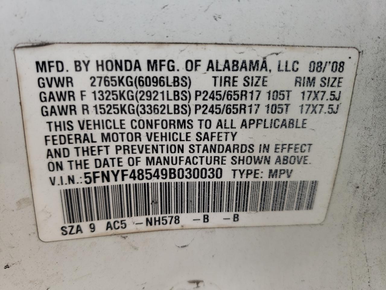 Photo 10 from auction – 2009 HONDA PILOT EXL with VIN 5FNYF48549B030030