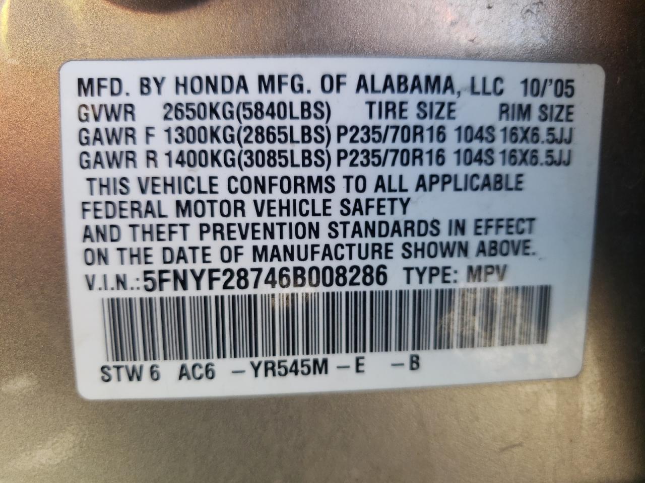 Photo 10 from auction – 2006 HONDA PILOT EX with VIN 5FNYF28746B008286