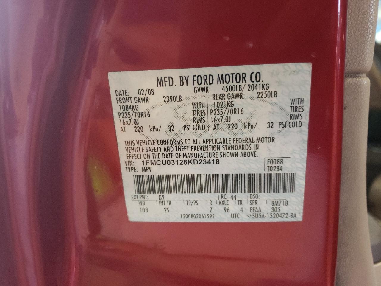 Photo 10 from auction – 2008 FORD ESCAPE XLT with VIN 1FMCU03128KD23418