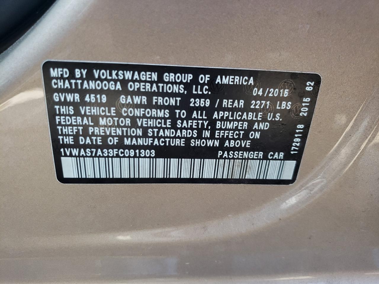 Photo 10 from auction – 2015 VOLKSWAGEN PASSAT S with VIN 1VWAS7A33FC091303