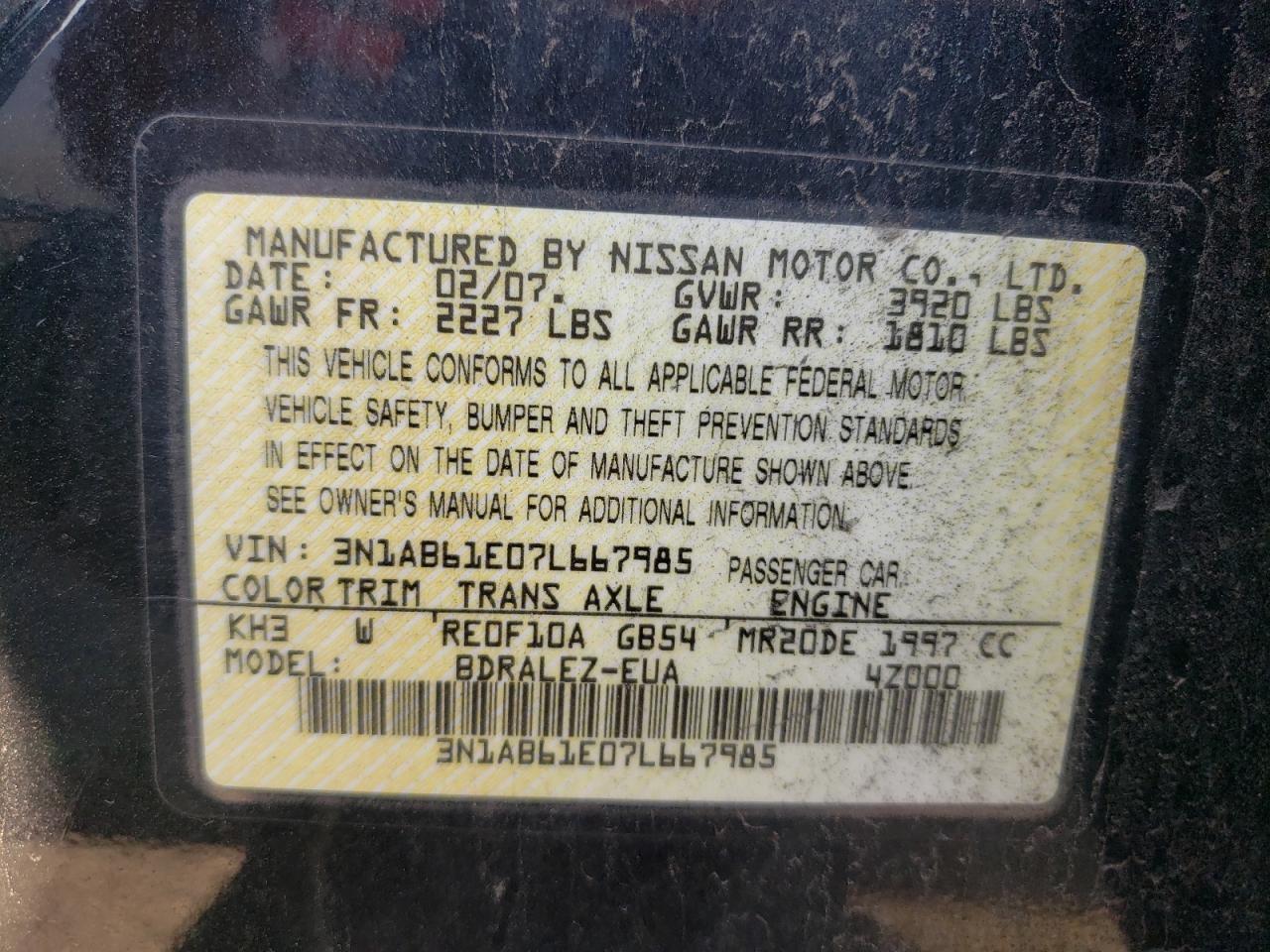 Photo 10 from auction – 2007 NISSAN SENTRA 2.0 with VIN 3N1AB61E07L667985