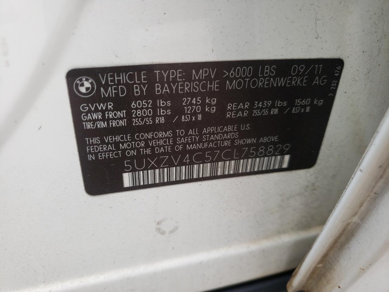 Photo 10 from auction – 2012 BMW X5 XDRIVE3 with VIN 5UXZV4C57CL758829