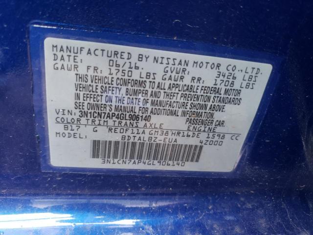 Photo 10 from auction – 2016 NISSAN VERSA S with VIN 3N1CN7AP4GL906140