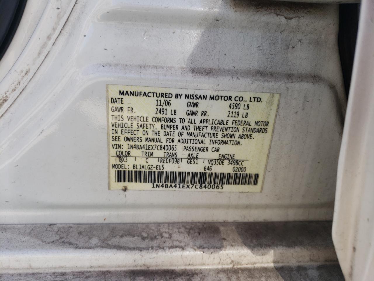 Photo 10 from auction – 2007 NISSAN MAXIMA SE with VIN 1N4BA41EX7C840065