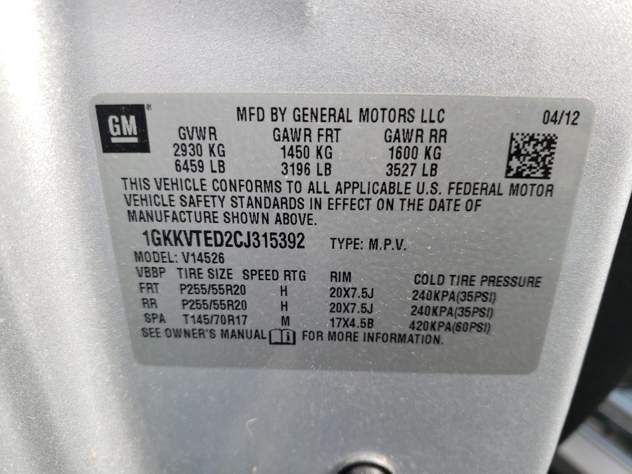 Photo 10 from auction – 2012 GMC ACADIA DEN with VIN 1GKKVTED2CJ315392