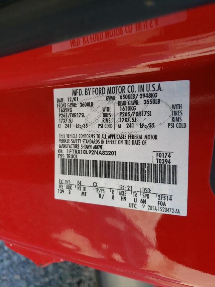 Photo 10 from auction – 2002 FORD F150 with VIN 1FTRX18L92NA83201