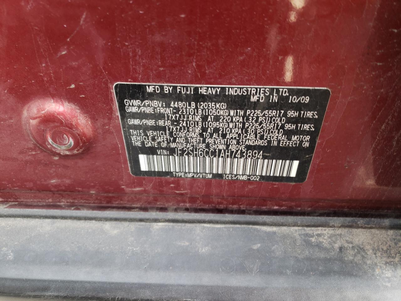 Photo 10 from auction – 2010 SUBARU FORESTER 2 with VIN JF2SH6CC1AH743894