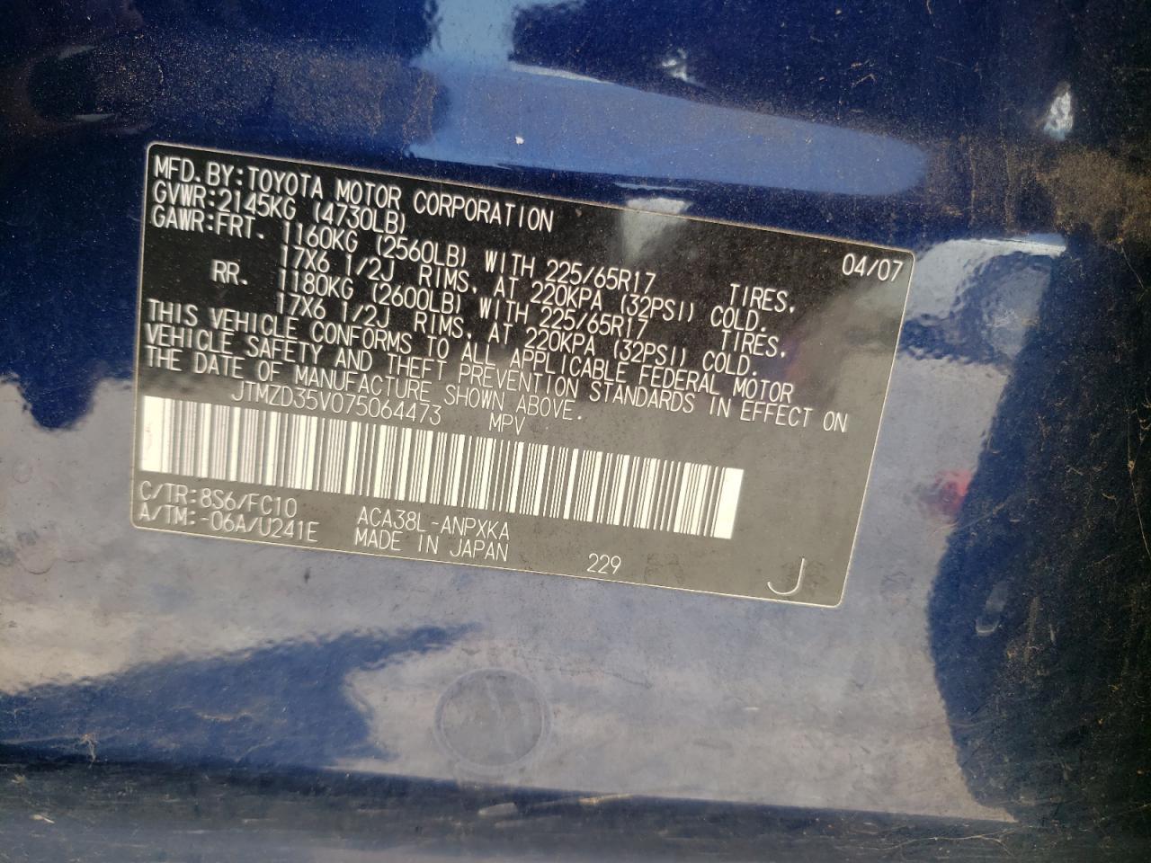 Photo 10 from auction – 2007 TOYOTA RAV4 with VIN JTMZD35V075064473