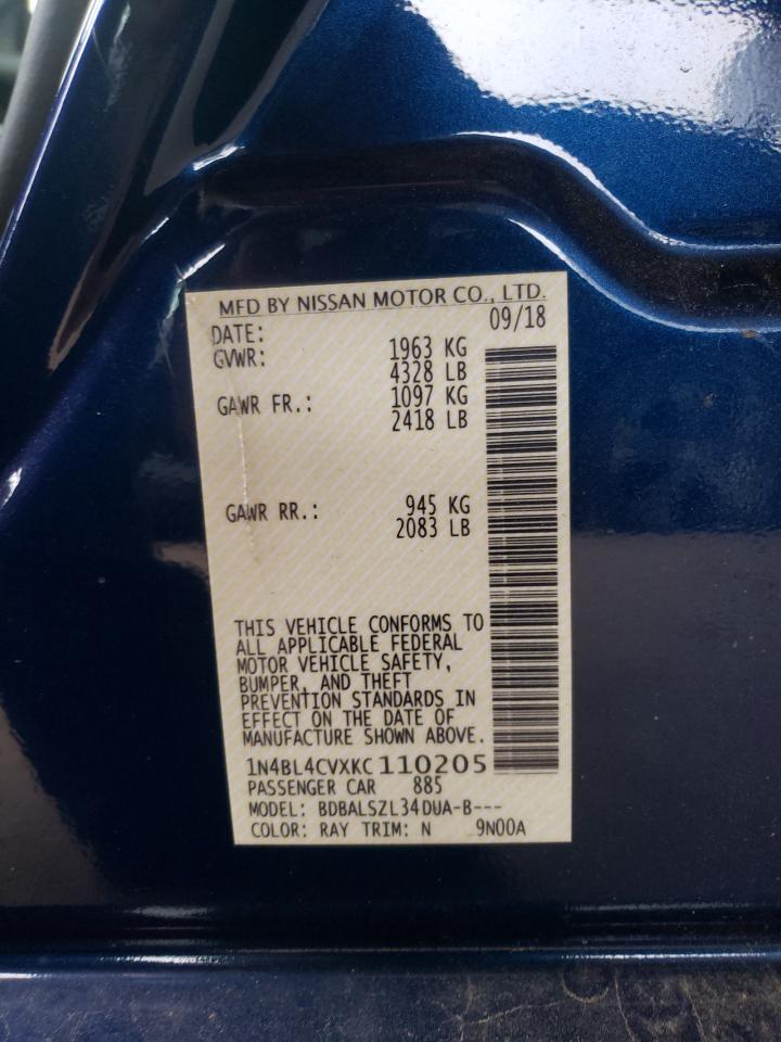 Photo 10 from auction – 2019 NISSAN ALTIMA SR with VIN 1N4BL4CVXKC110205