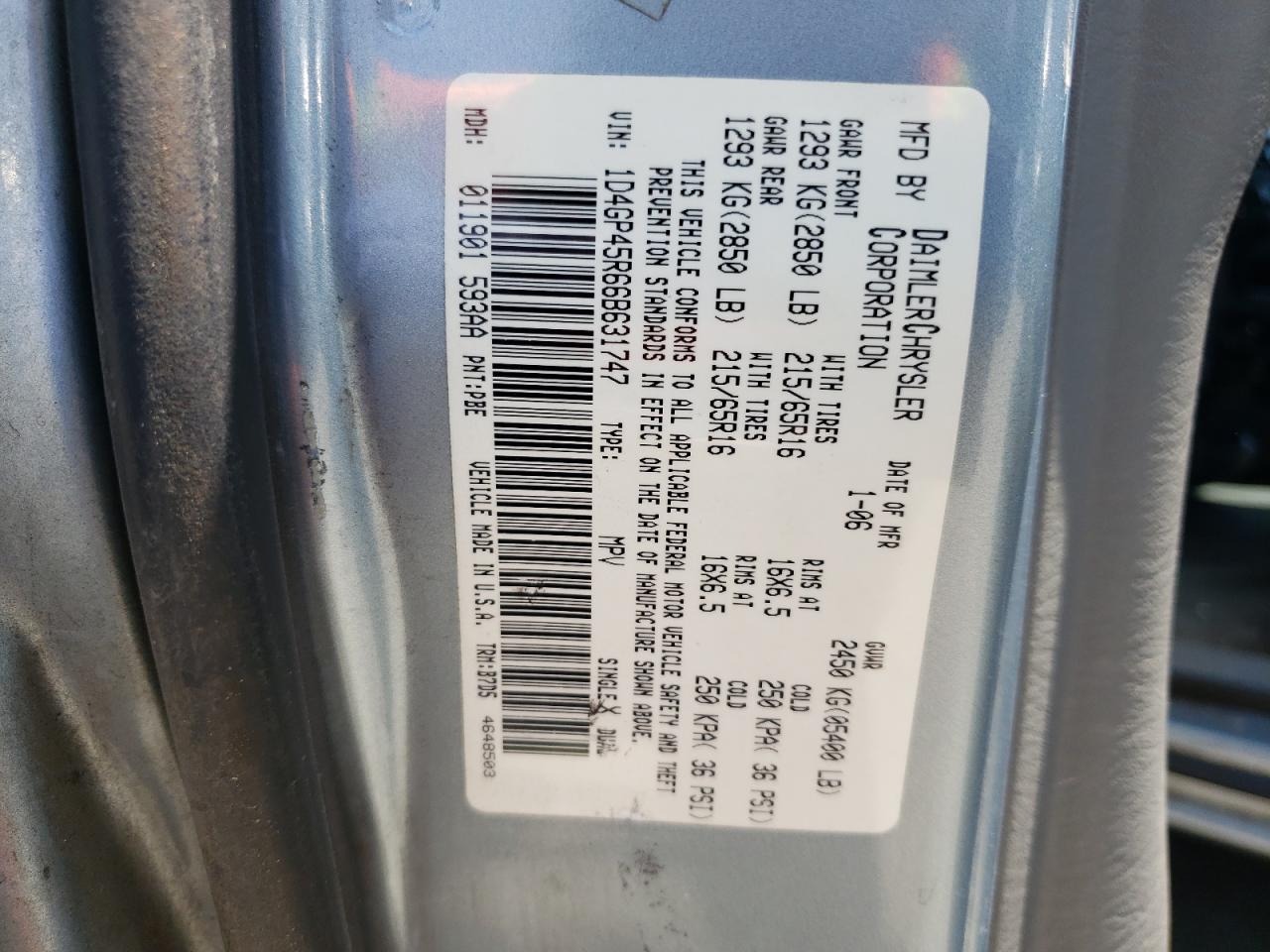 Photo 10 from auction – 2006 DODGE CARAVAN SX with VIN 1D4GP45R66B631747