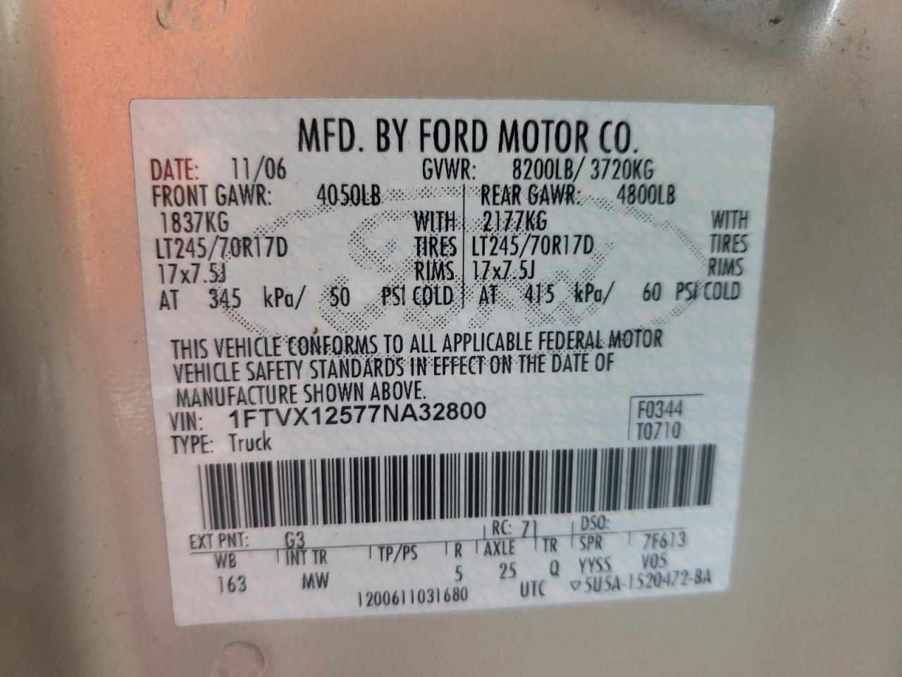 Photo 10 from auction – 2007 FORD F150 with VIN 1FTVX12577NA32800
