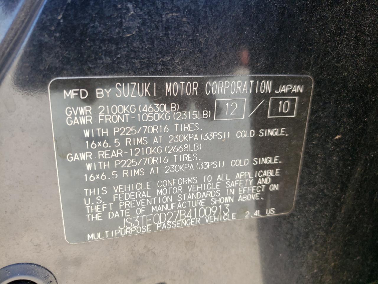 Photo 10 from auction – 2011 SUZUKI GRAND VITA with VIN JS3TE0D27B4100913