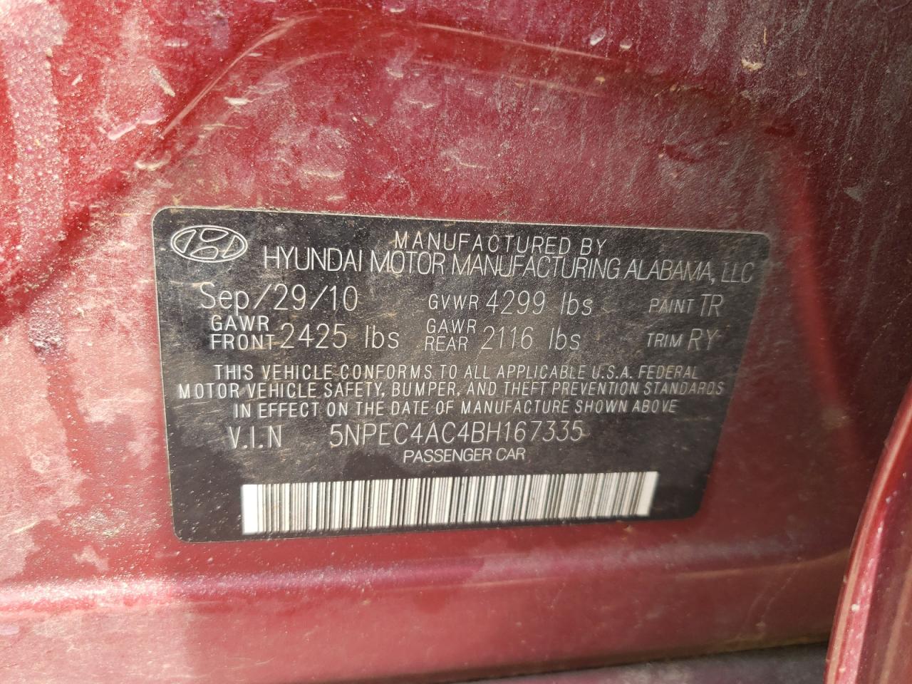 Photo 10 from auction – 2011 HYUNDAI SONATA SE with VIN 5NPEC4AC4BH167335
