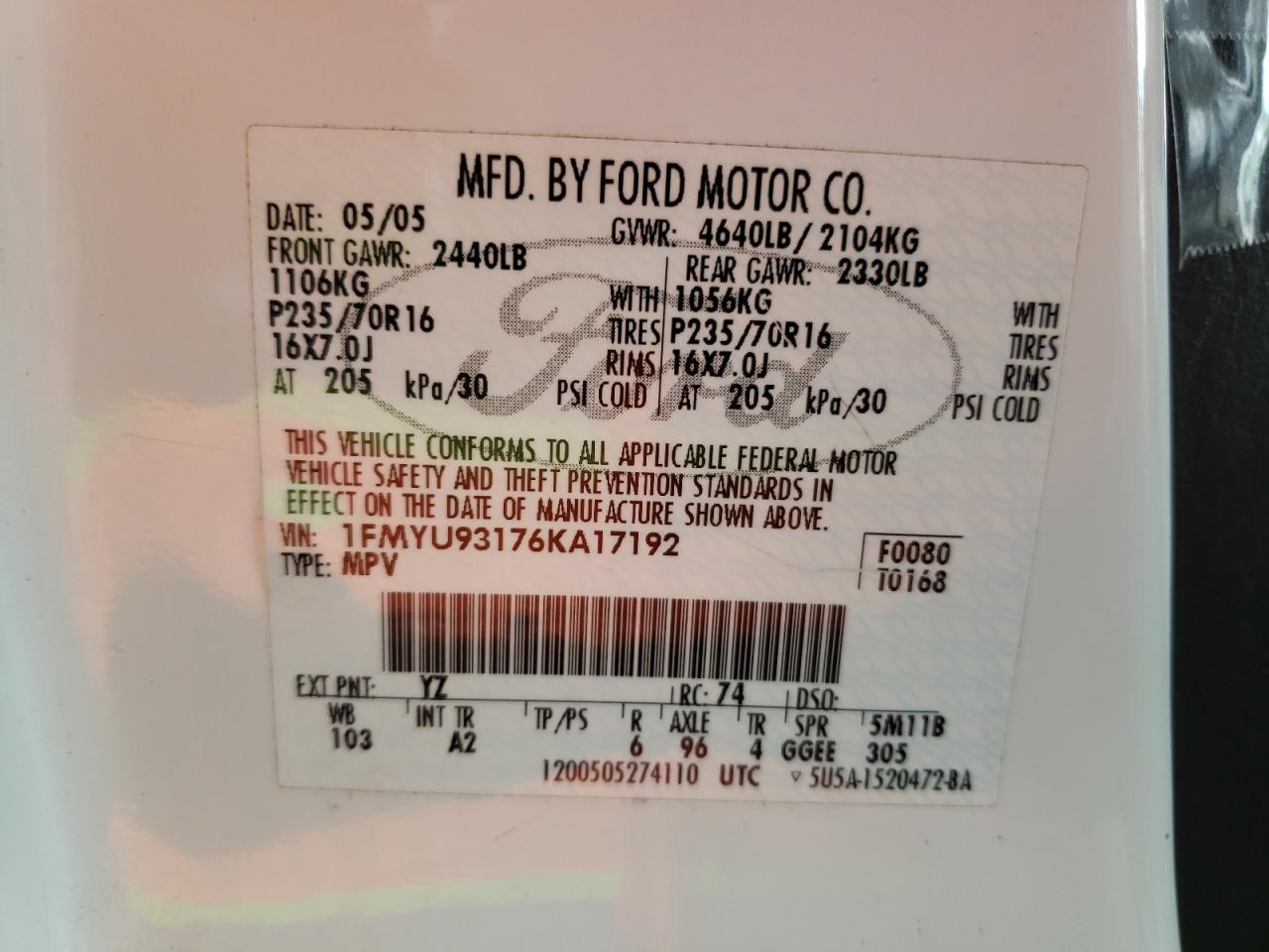 Photo 10 from auction – 2006 FORD ESCAPE XLT with VIN 1FMYU93176KA17192
