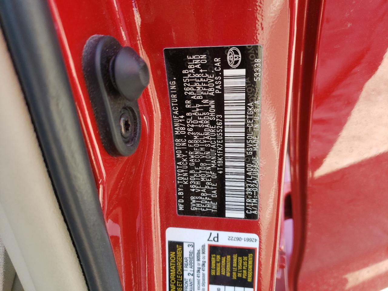 Photo 10 from auction – 2014 TOYOTA CAMRY SE with VIN 4T1BK1FK7EU552673
