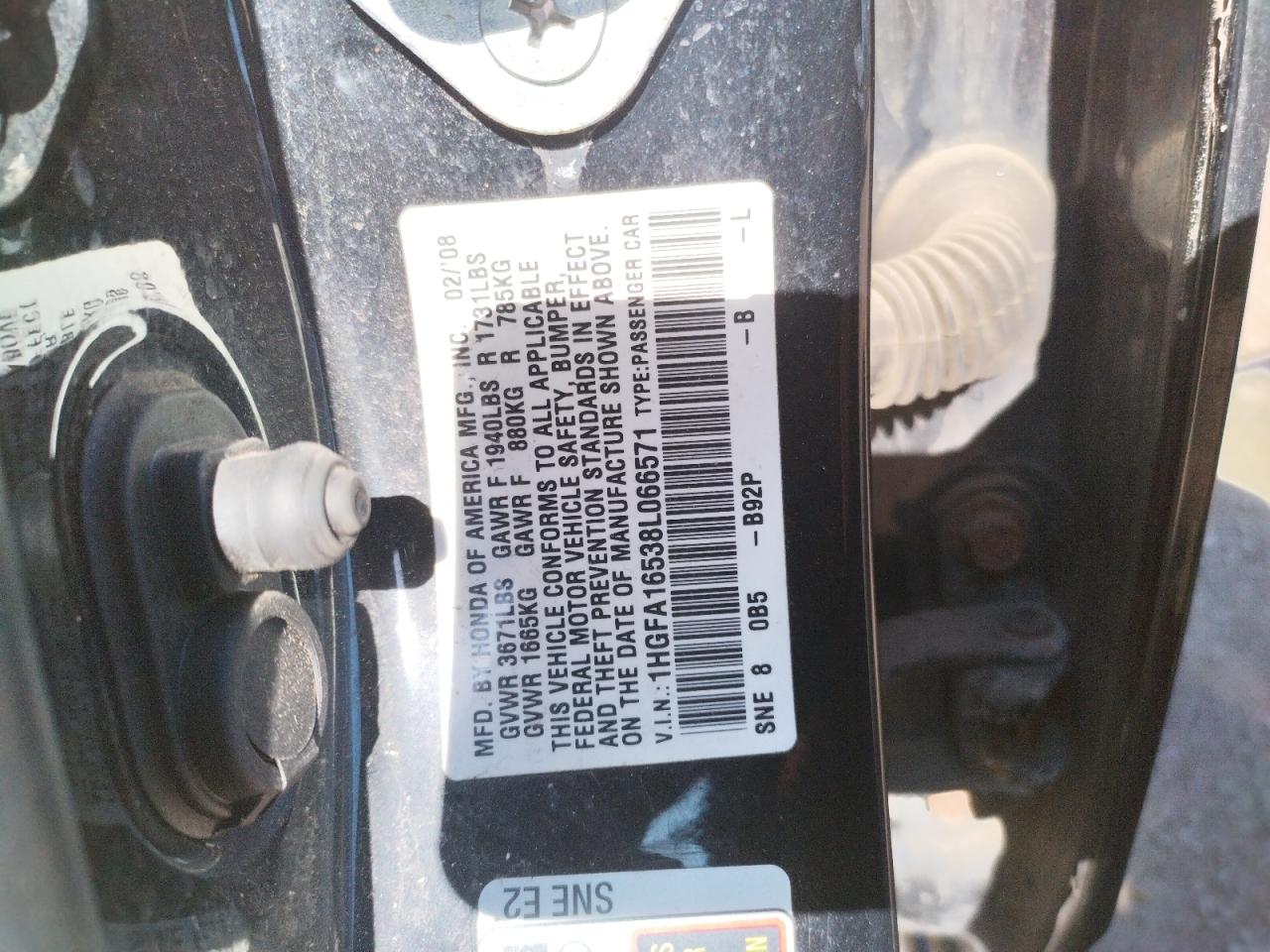 Photo 10 from auction – 2008 HONDA CIVIC with VIN 1HGFA16538L066571