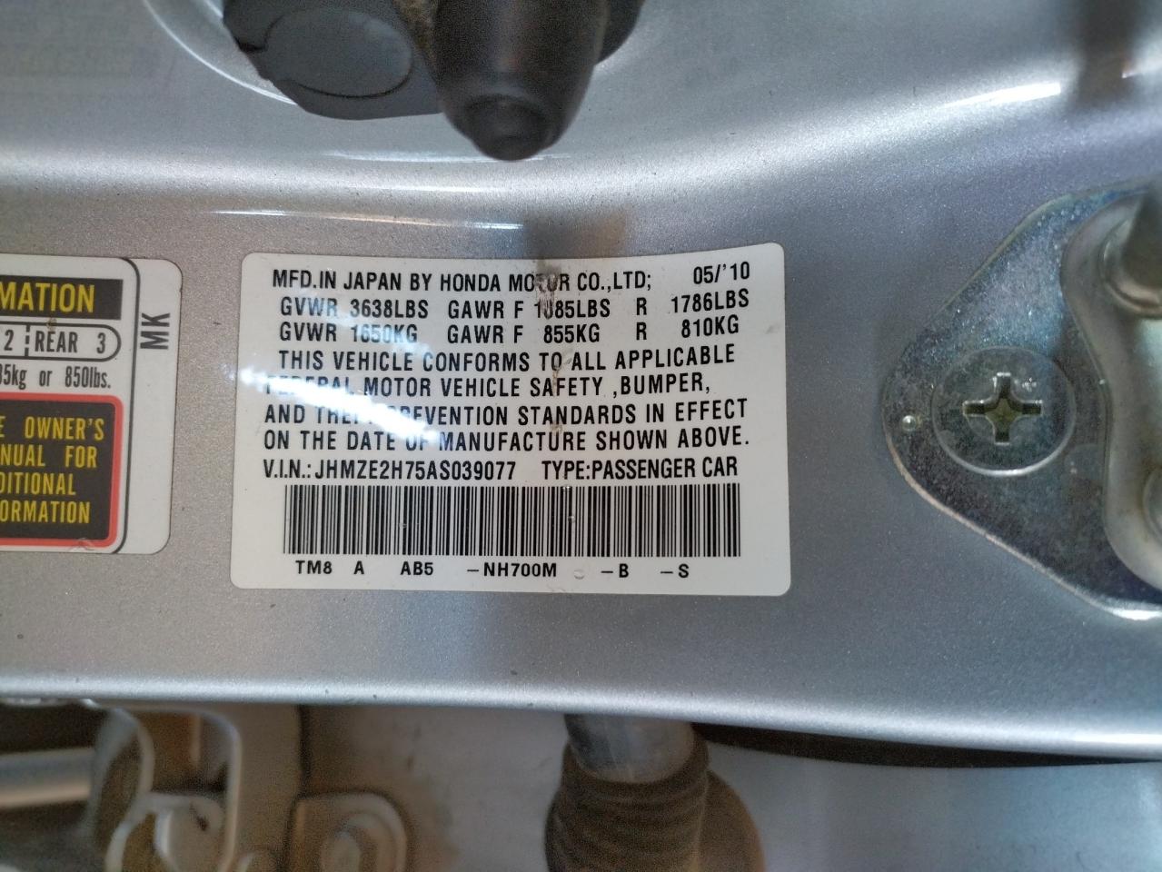 Photo 10 from auction – 2010 HONDA INSIGHT EX with VIN JHMZE2H75AS039077