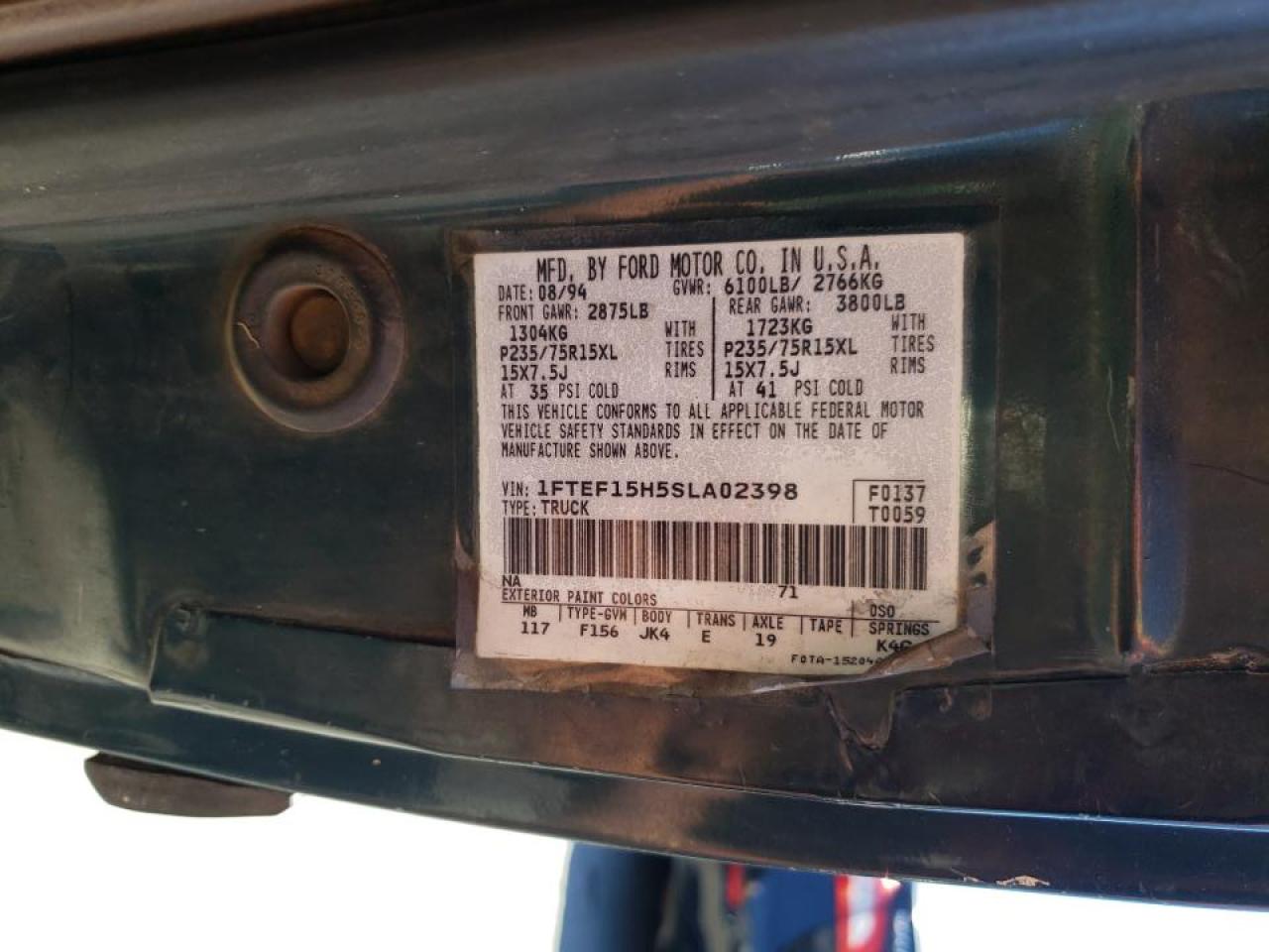 Photo 10 from auction – 1995 FORD F150 with VIN 1FTEF15H5SLA02398