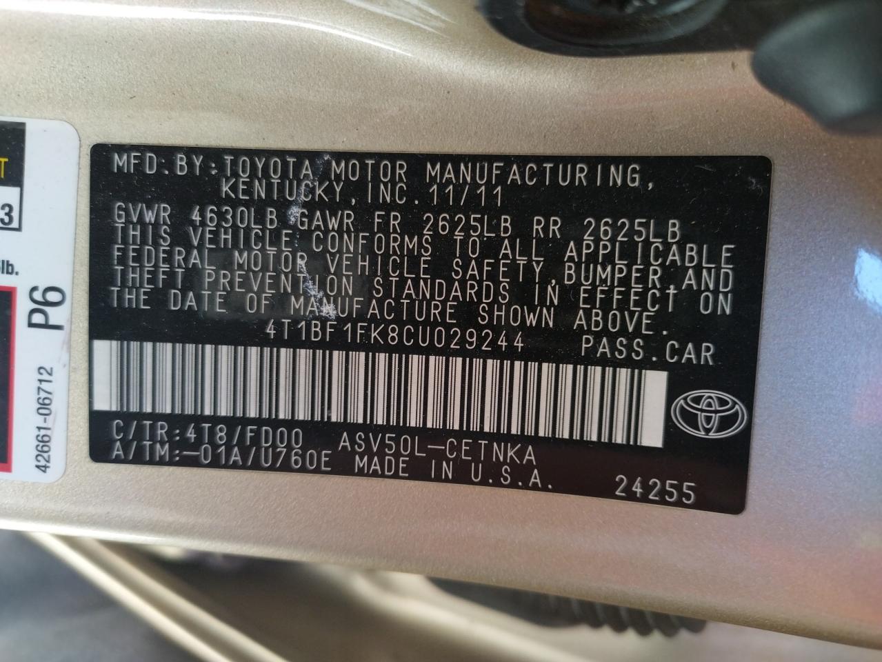 Photo 10 from auction – 2012 TOYOTA CAMRY BASE with VIN 4T1BF1FK8CU029244