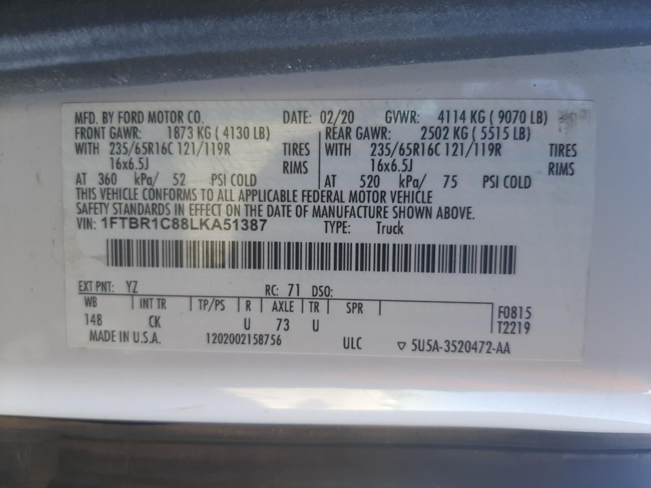 Photo 10 from auction – 2020 FORD TRANSIT T- with VIN 1FTBR1C88LKA51387