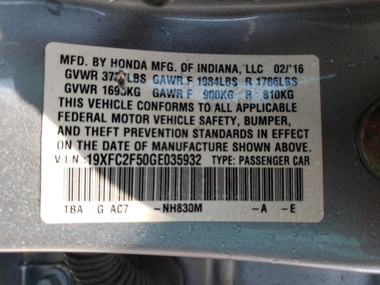Photo 10 from auction – 2016 HONDA CIVIC LX with VIN 19XFC2F50GE035932