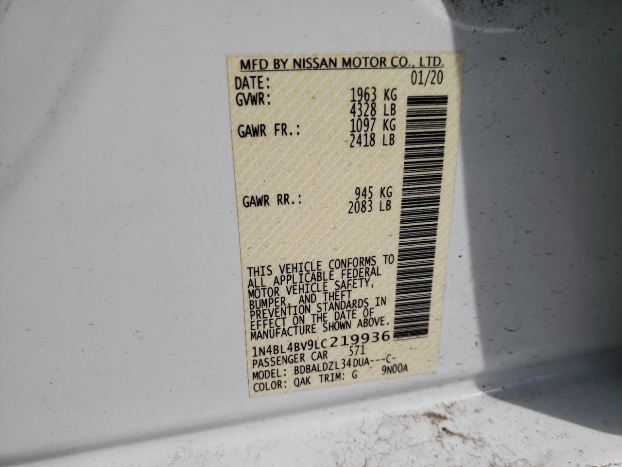 Photo 10 from auction – 2020 NISSAN ALTIMA S with VIN 1N4BL4BV9LC219936
