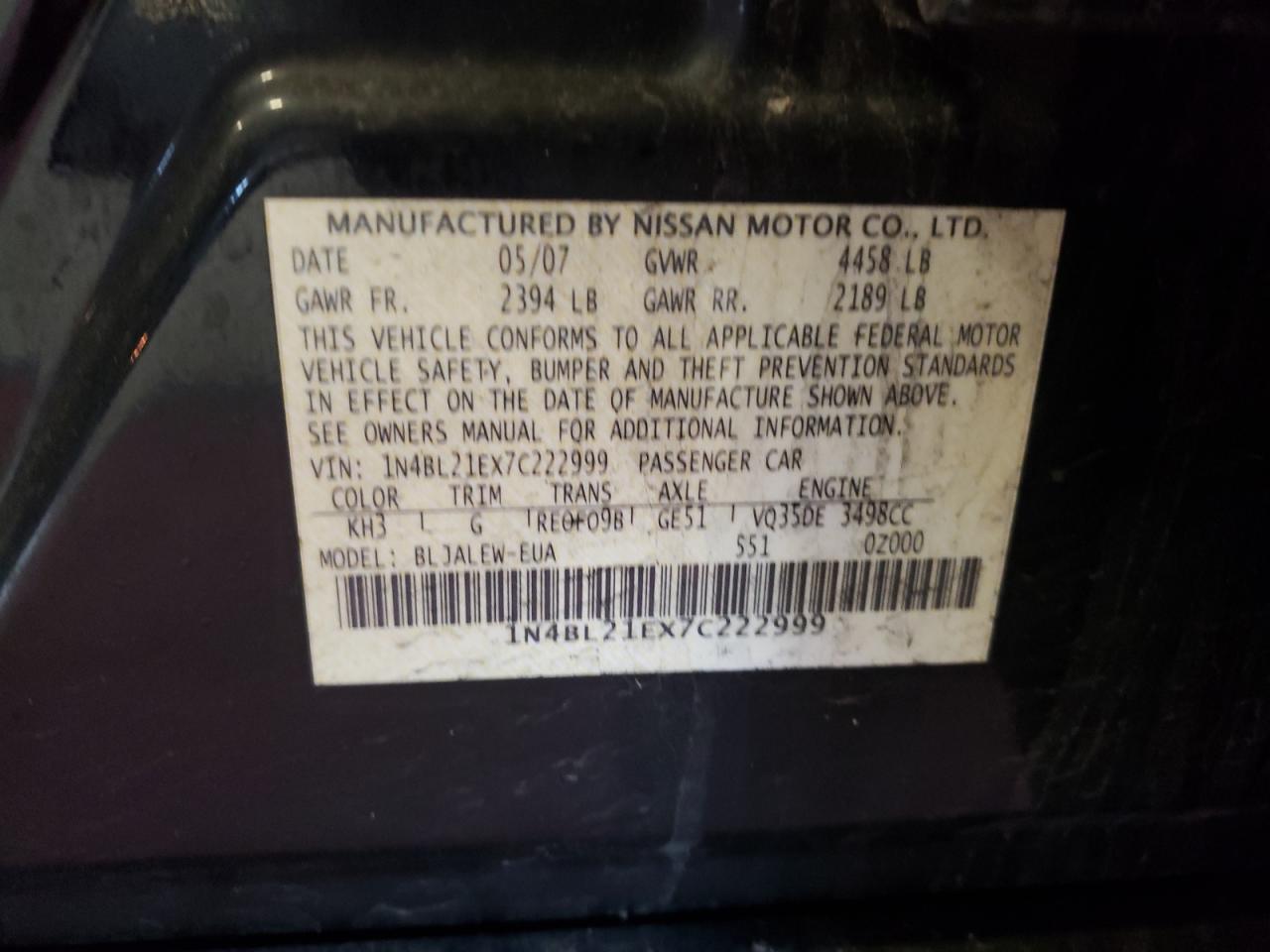 Photo 10 from auction – 2007 NISSAN ALTIMA 3.5 with VIN 1N4BL21EX7C222999