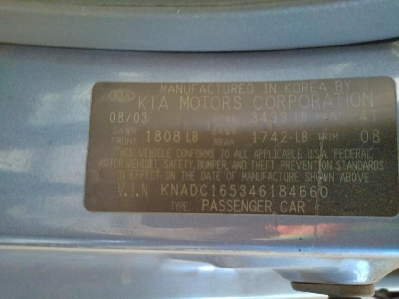 Photo 10 from auction – 2004 KIA RIO CINCO with VIN KNADC165346184660