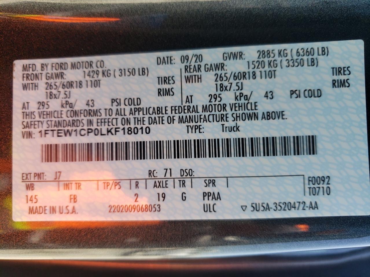 Photo 10 from auction – 2020 FORD F150 SUPER with VIN 1FTEW1CP0LKF18010