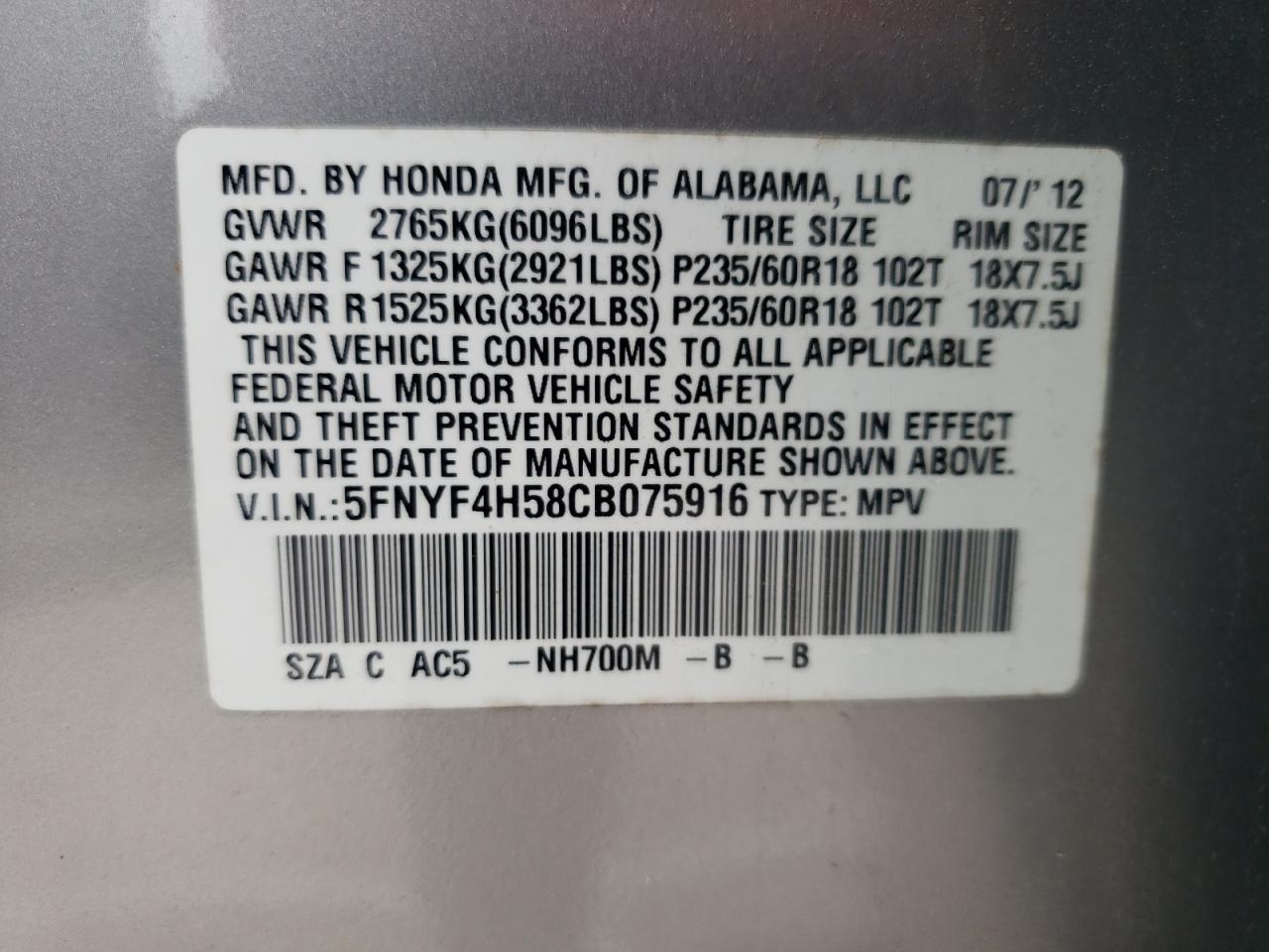 Photo 20 from auction – 2012 HONDA PILOT EXL with VIN 5FNYF4H58CB075916