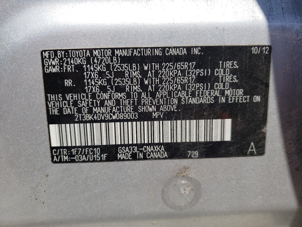 Photo 10 from auction – 2012 TOYOTA RAV4 with VIN 2T3BK4DV9CW089003