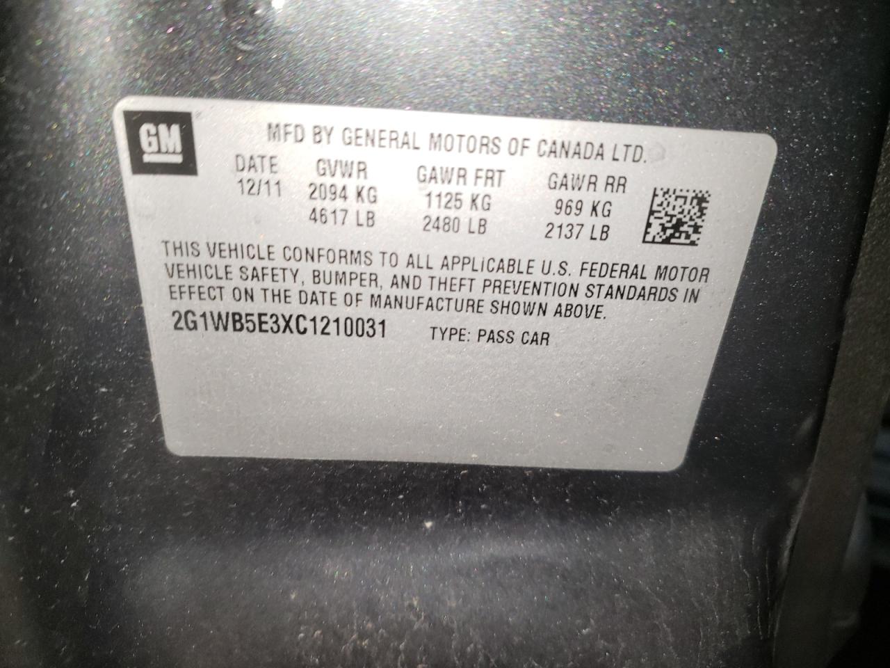 Photo 10 from auction – 2012 CHEVROLET IMPALA LT with VIN 2G1WB5E3XC1210031