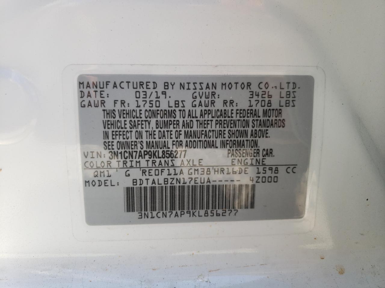 Photo 20 from auction – 2019 NISSAN VERSA S with VIN 3N1CN7AP9KL856277
