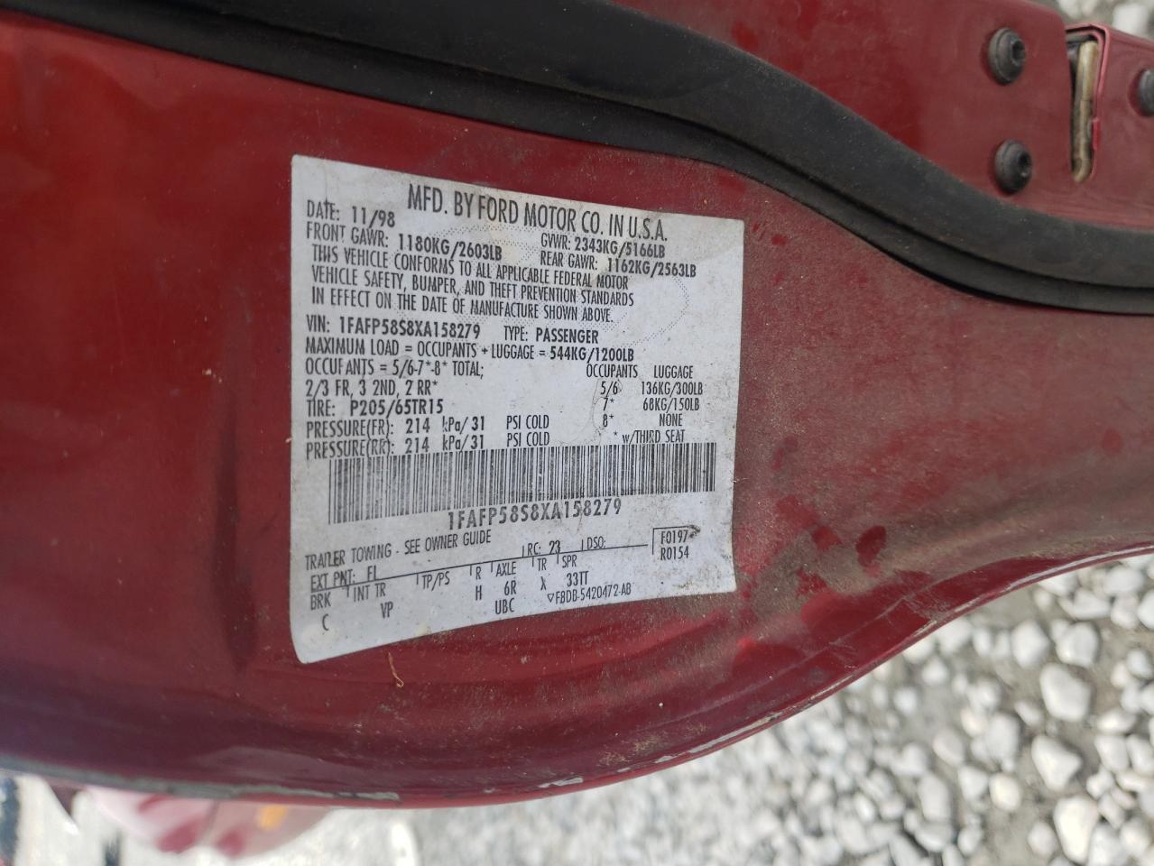 Photo 10 from auction – 1999 FORD TAURUS SE with VIN 1FAFP58S8XA158279