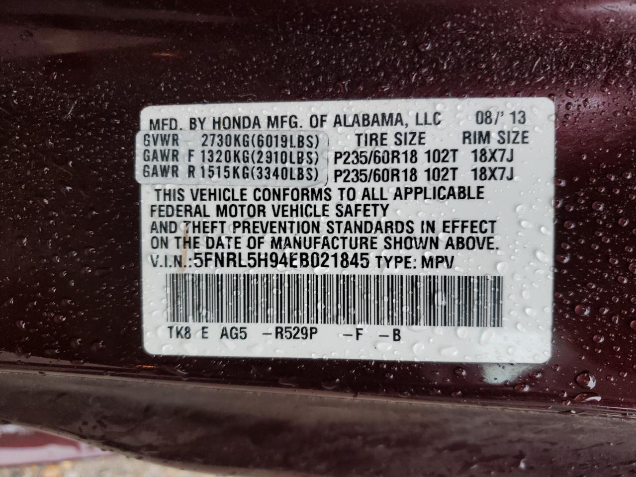 Photo 10 from auction – 2014 HONDA ODYSSEY TO with VIN 5FNRL5H94EB021845