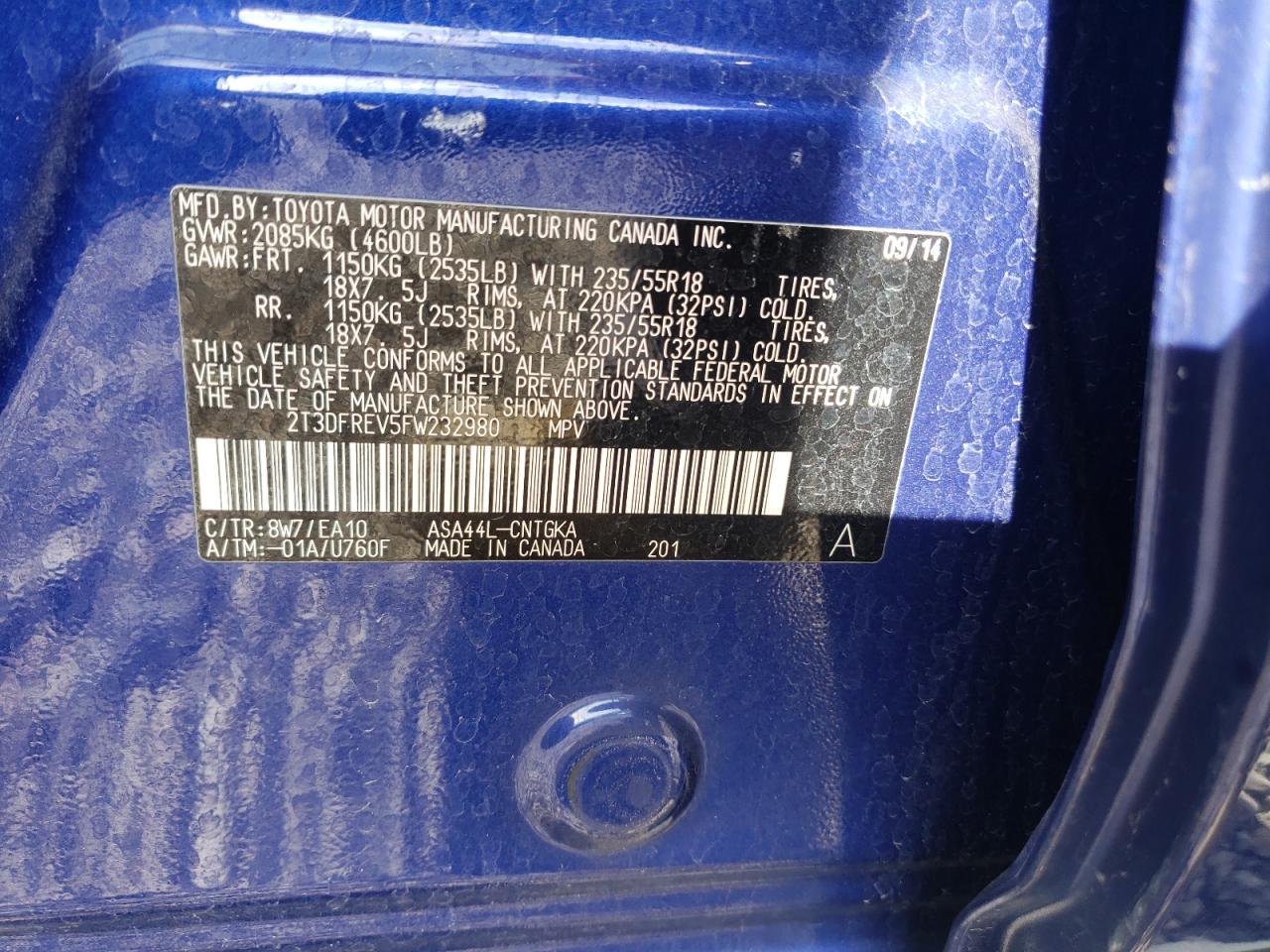 Photo 10 from auction – 2015 TOYOTA RAV4 LIMIT with VIN 2T3DFREV5FW232980