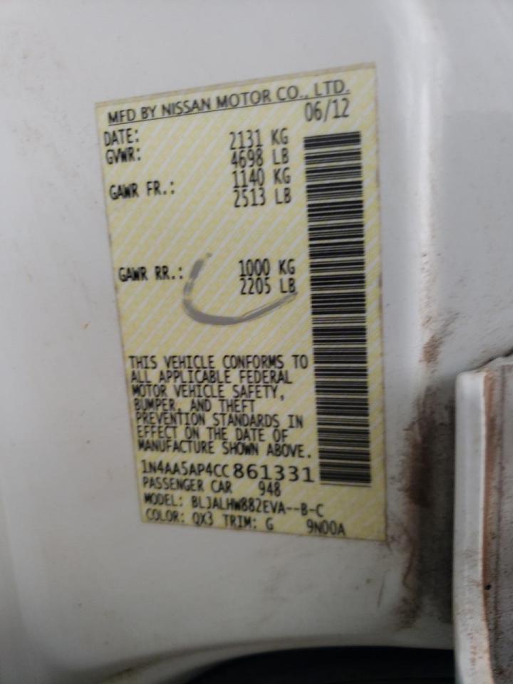 Photo 10 from auction – 2012 NISSAN MAXIMA S with VIN 1N4AA5AP4CC861331