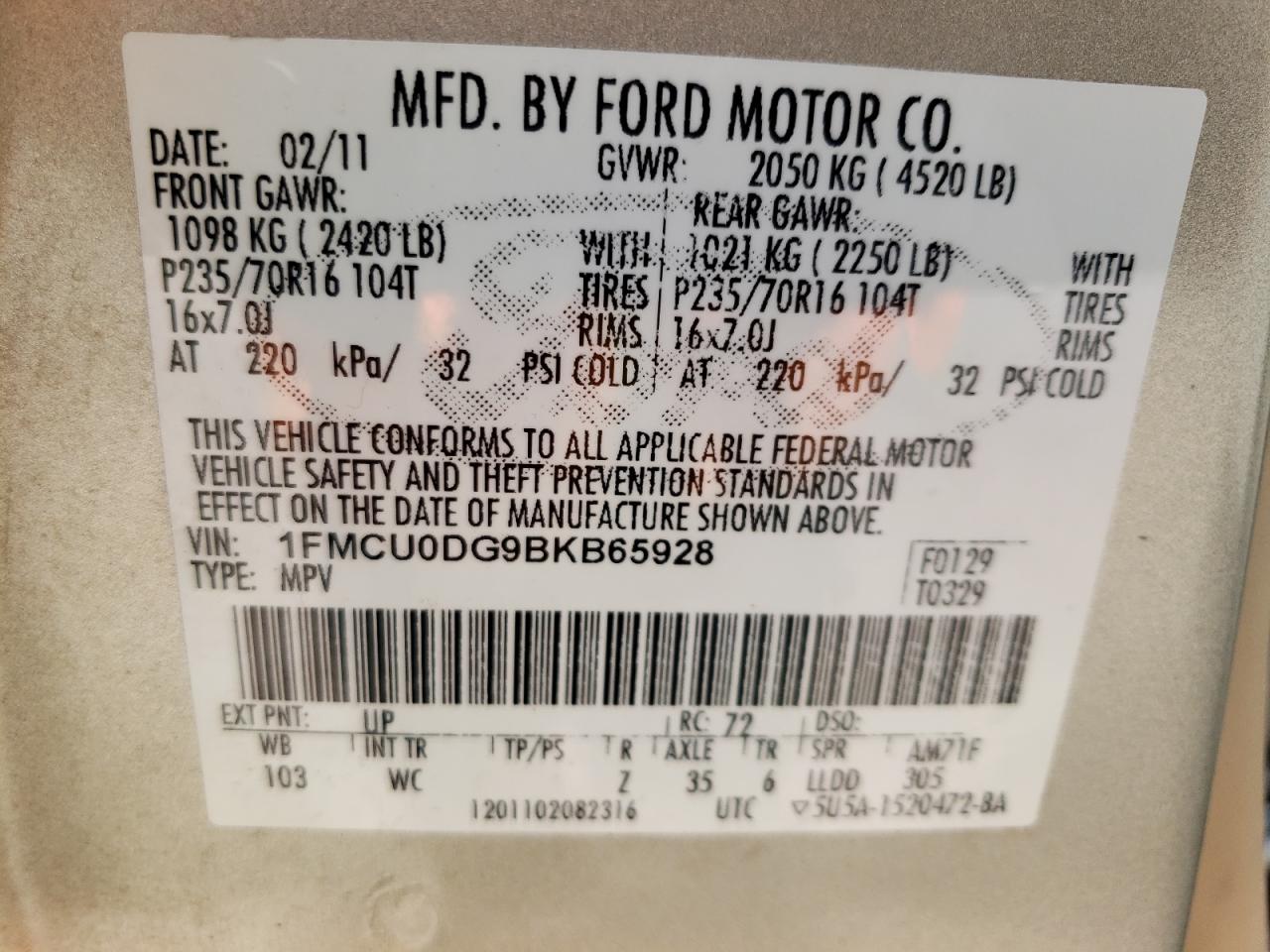 Photo 10 from auction – 2011 FORD ESCAPE XLT with VIN 1FMCU0DG9BKB65928