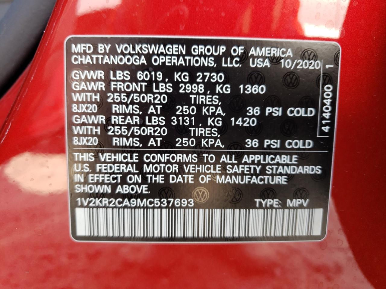 Photo 10 from auction – 2021 VOLKSWAGEN ATLAS SE with VIN 1V2KR2CA9MC537693